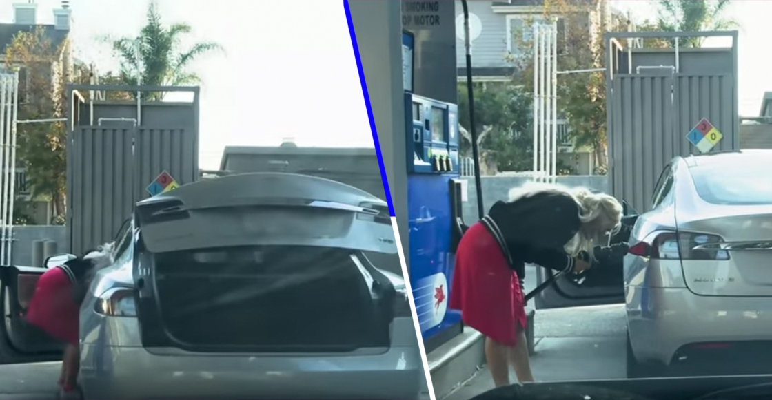 Esta mujer intentó ponerle gasolina a su Tesla... que claramente es eléctrico