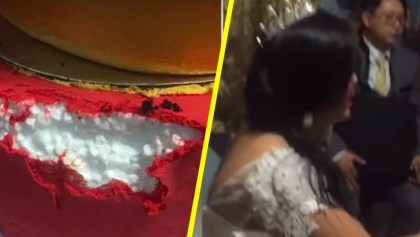 Se pasan: Estafan a pareja con un pastel de bodas de unicel