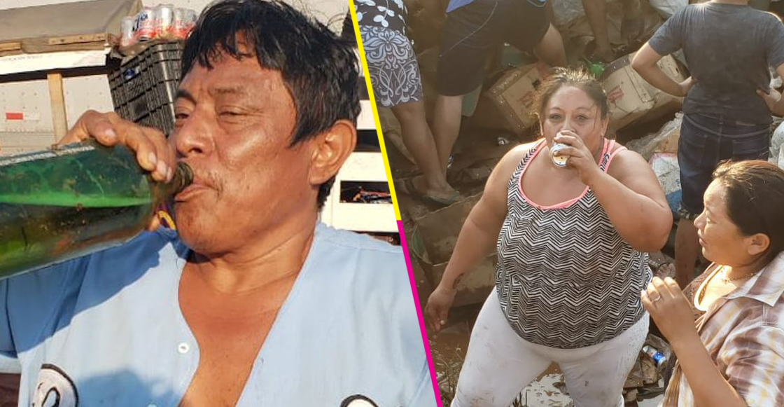 ¿Salucita? Vecinos de la carretera Campeche-Mérida roban cervezas tras volcadura de un tráiler