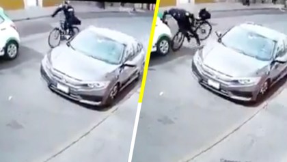 Ándele: Por ir viendo a una mujer, policía estampa su bicicleta contra un coche