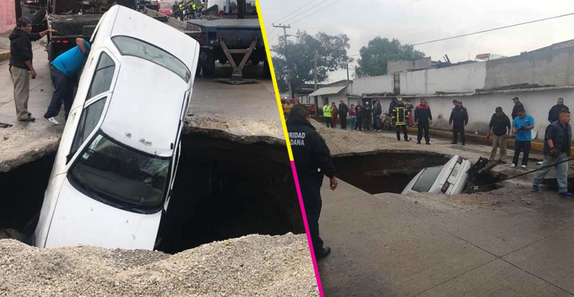 ¿Y luego? Dos carros caen en un socavón en El Chamizal, Ecatepec