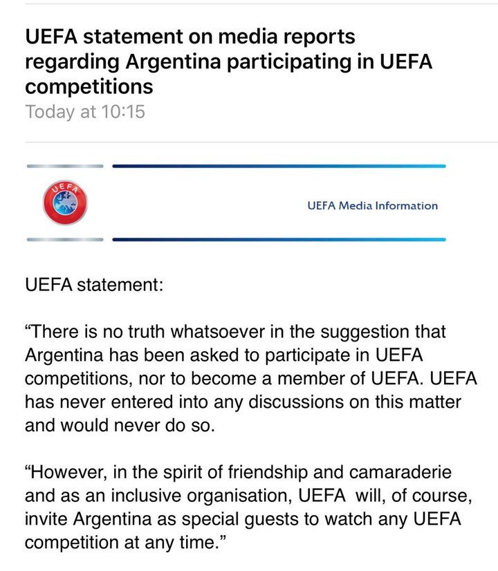 UEFA aclara que Argentina NO jugará en ninguno de sus torneos 