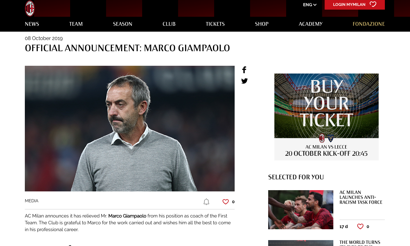 ¡Uno más! Milan destituye a Marco Giampaolo como entrenador