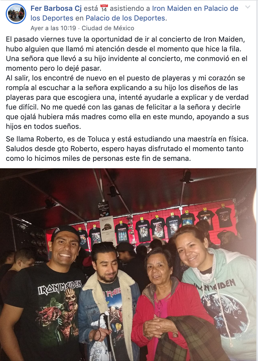 Mamá viaja con su hijo invidente a la CDMX para narrarle el concierto de Iron Maiden