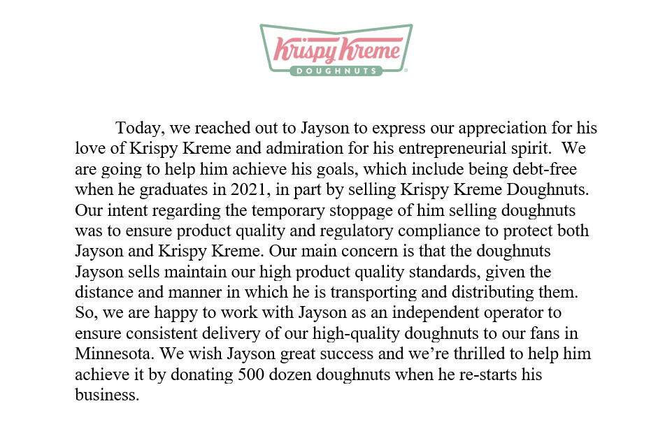 Krispy Kreme regaló 500 cajas de donas a estudiante que revendía sus rosquillas