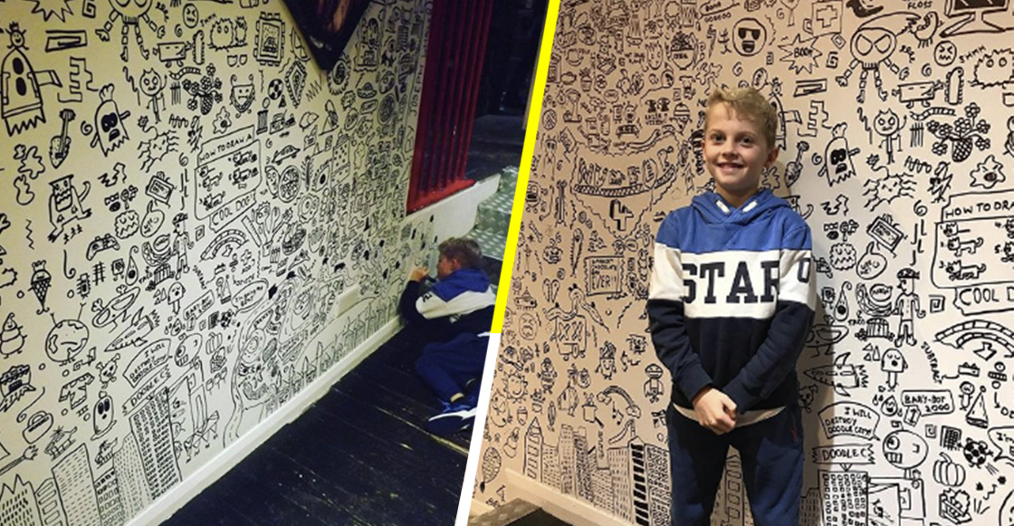 Niño que era regañado por dibujar en clases es contratado para decorar un restaurante