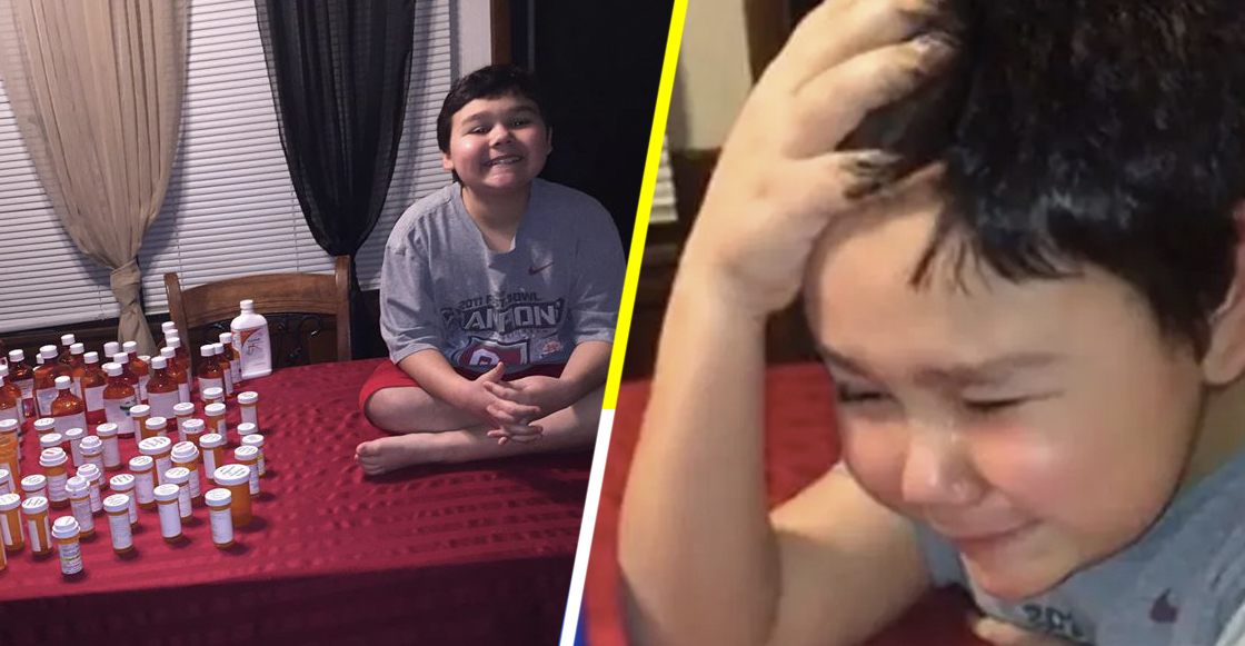 Niño de 9 años llora al tomarse su última pastilla de quimioterapia contra la leucemia