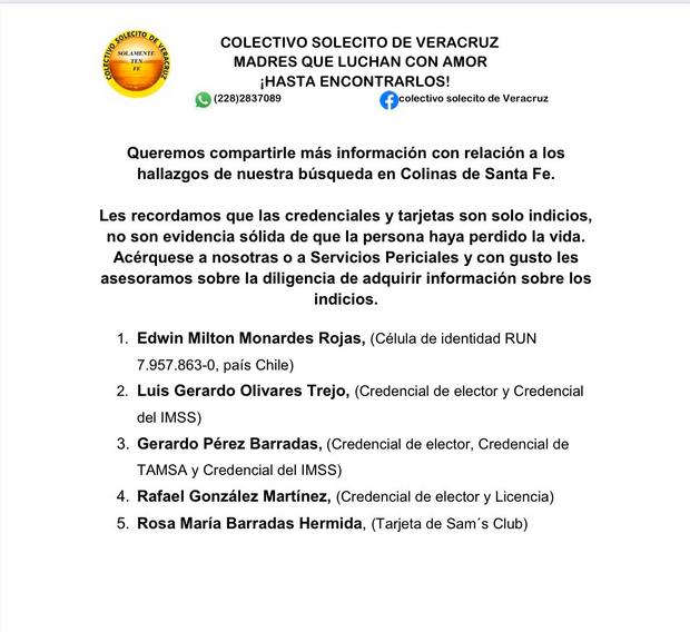 Colectivo Solecito publica nueva lista de credenciales encontradas en fosa clandestina