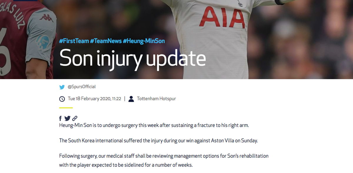 Son se fracturó el brazo y será baja por varias semanas con el Tottenham