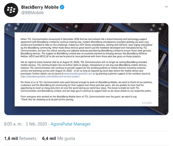 ¡El fin de una era! BlackBerry dejará de fabricar teléfonos en agosto del 2020 