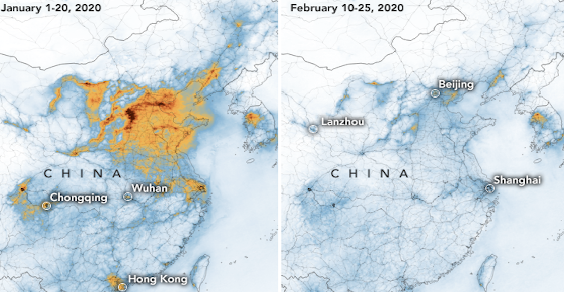 Las imágenes de satélite de la NASA muestran una caída drástica de la contaminación en China que está "parcialmente relacionada" con la desaceleración económica debido al brote de coronavirus, informó la agencia espacial estadounidense.