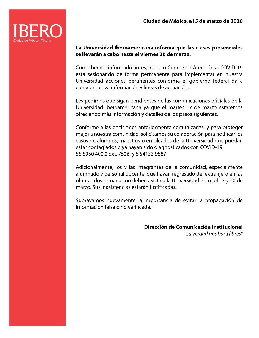 La Ibero también suspenderá clases presenciales el 20 de marzo por coronavirus