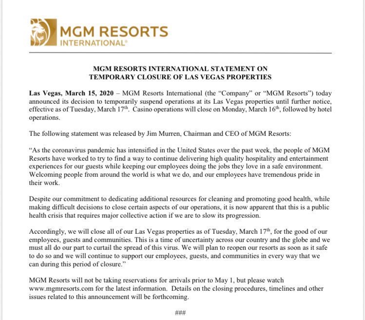 MGM Resorts y Wynn cierran sus hoteles en Las Vegas por riesgo de coronavirus