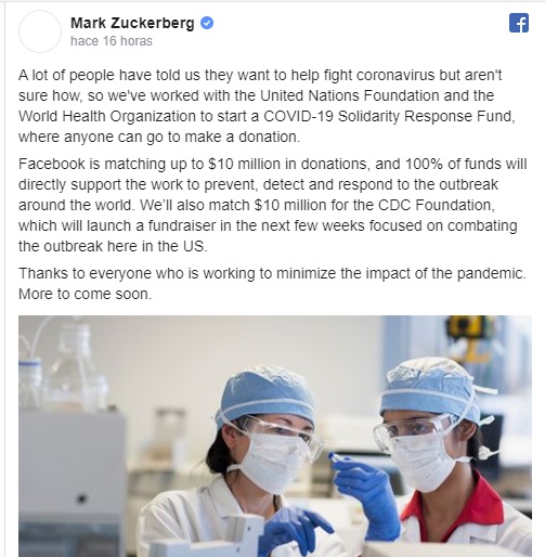 ¡Pasen la charola! Facebook pide a sus usuarios donaciones para combatir el COVID-19 