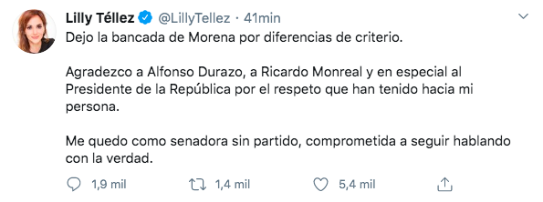 lilly-tellez-renuncia-morena-senado-independiente-criterio-twitter-senadora-01