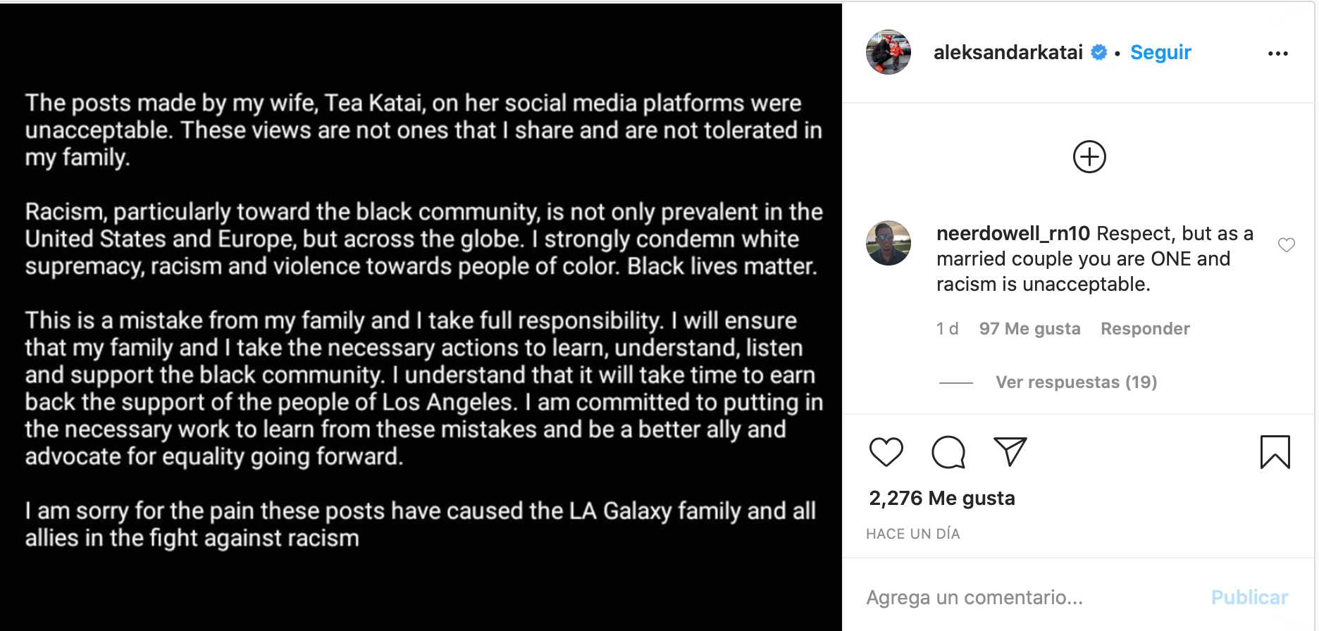 Galaxy despidió a Aleksandar Katai tras comentarios racistas de su esposa