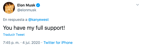Elon Musk tuit de apoyo a Kanye