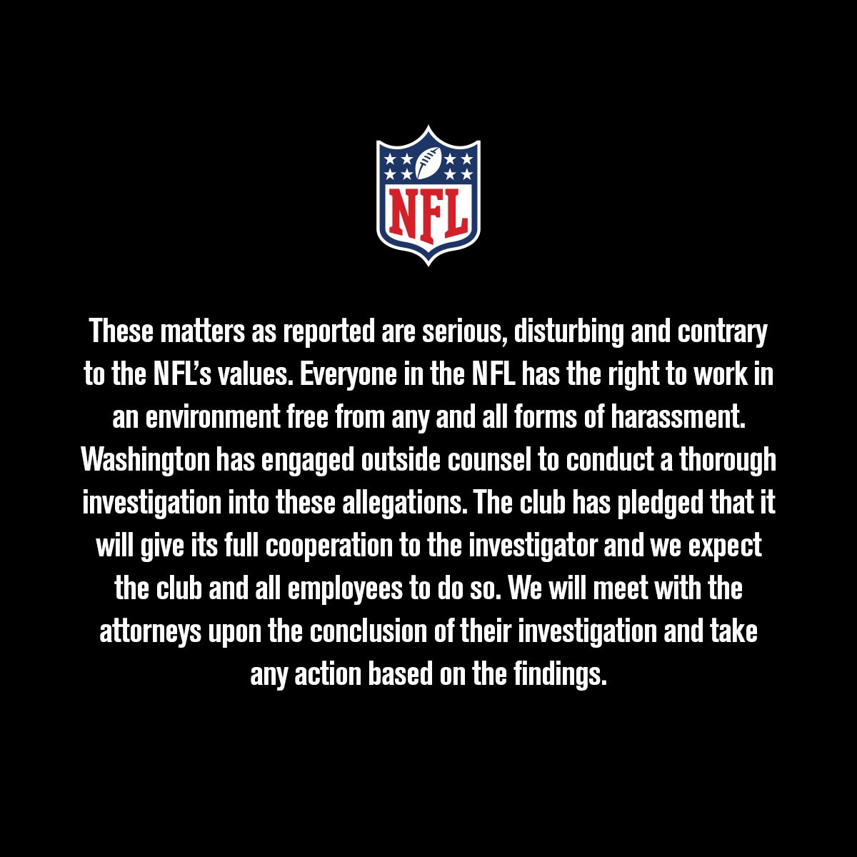 Esta es la postura de la NFL por los casos de acoso sexual y abuso verbal en los Washington Redskins