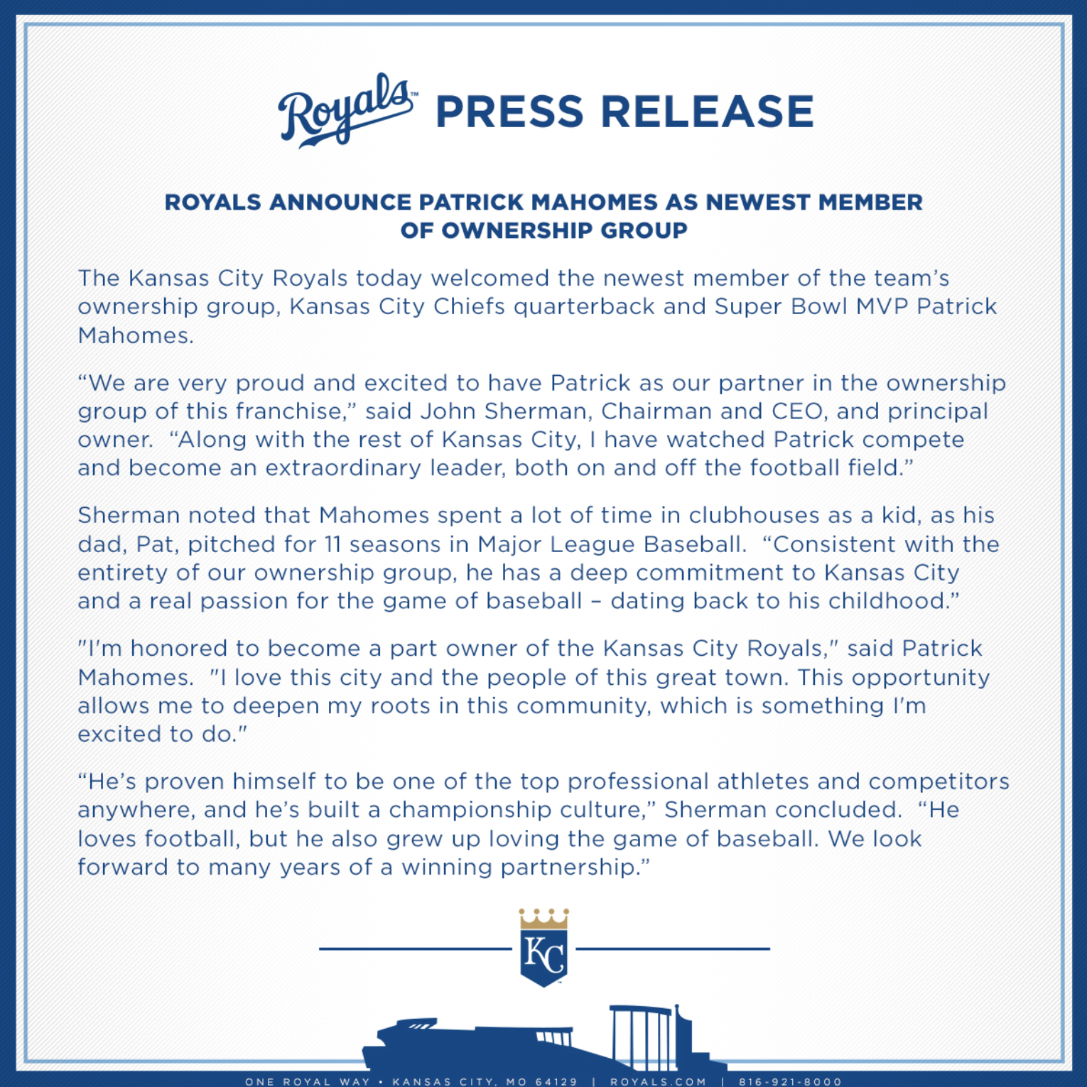 Visionario: Patrick Mahomes se convirtió en uno de los dueños de los Royals de Kansas City