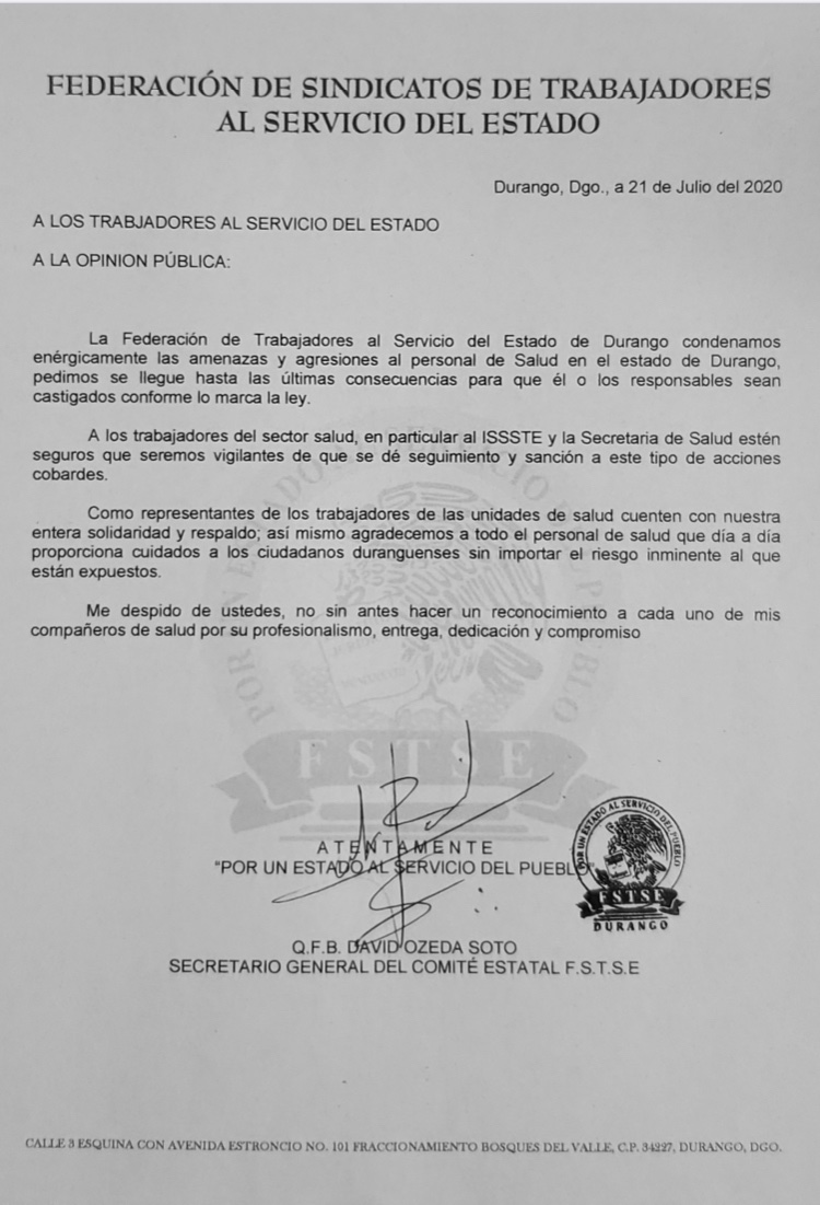 comunicado-federación-trabajadores-salud-durango