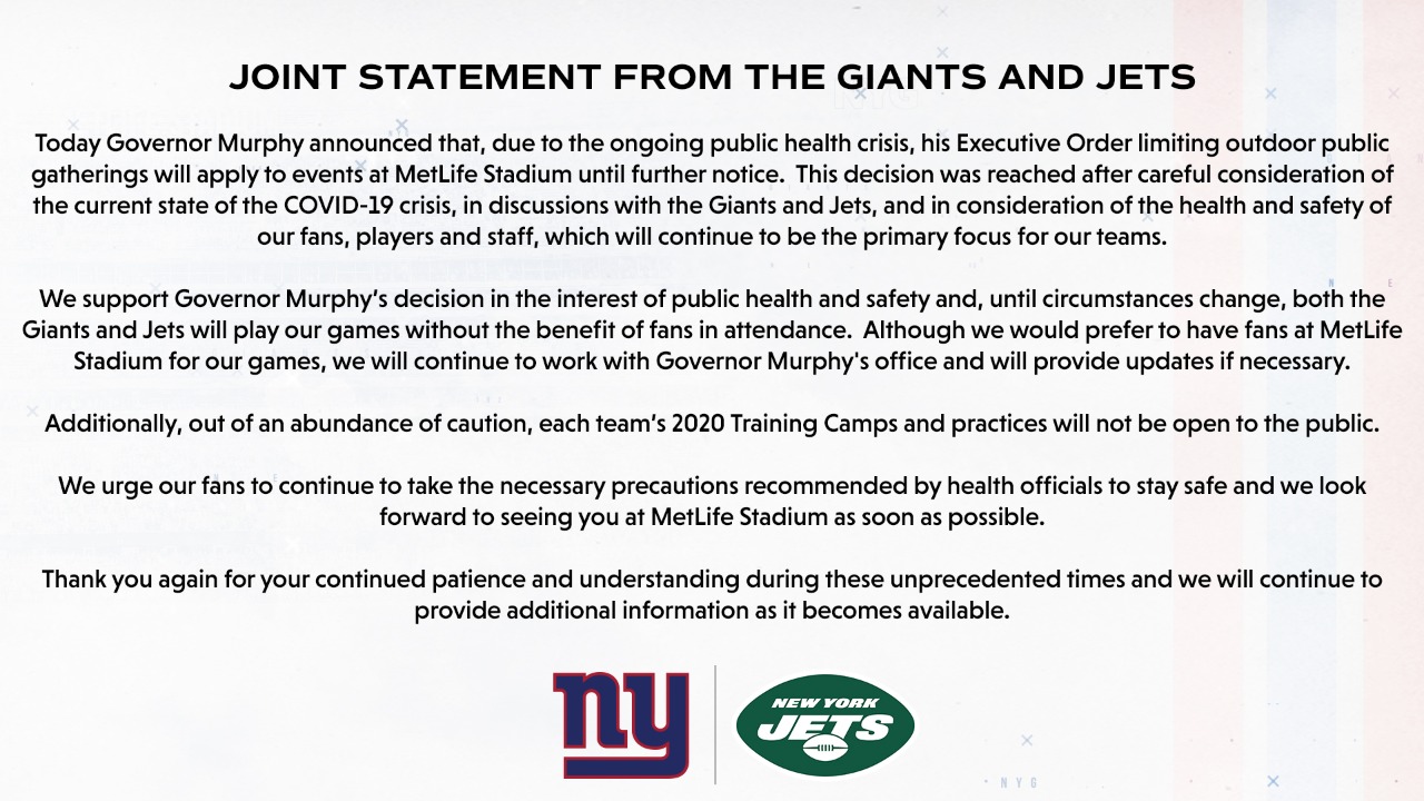 ¡A puerta cerrada! Jets y Giants anunciaron que jugarán sin aficionados esta temporada de la NFL