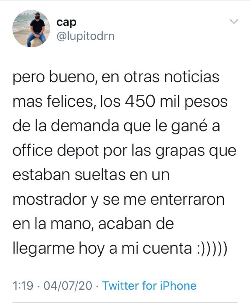 <blockquote class="twitter-tweet" data-conversation="none"><p lang="es" dir="ltr">Hola <a href="https://twitter.com/lupitodrn?ref_src=twsrc%5Etfw">@lupitodrn</a> No tenemos conocimiento de alguna resolución judicial o litigio vigente que implique una compensación como a la qué haces referencia. Saludos.</p>&mdash; Office Depot México (@OfficeDepotMex) <a href="https://twitter.com/OfficeDepotMex/status/1279509761336029184?ref_src=twsrc%5Etfw">July 4, 2020</a></blockquote> <script async src="https://platform.twitter.com/widgets.js" charset="utf-8"></script>