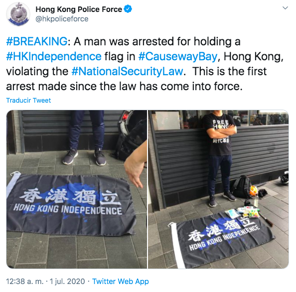 Tuit arresto manifestante Hong Kong