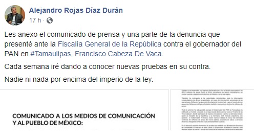Denuncia contra gobernador de Tamaulipas