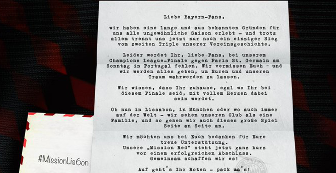 Jugadores del Bayern Múnich mandan una emotiva carta a sus aficionados previo a la final de la Champions League
