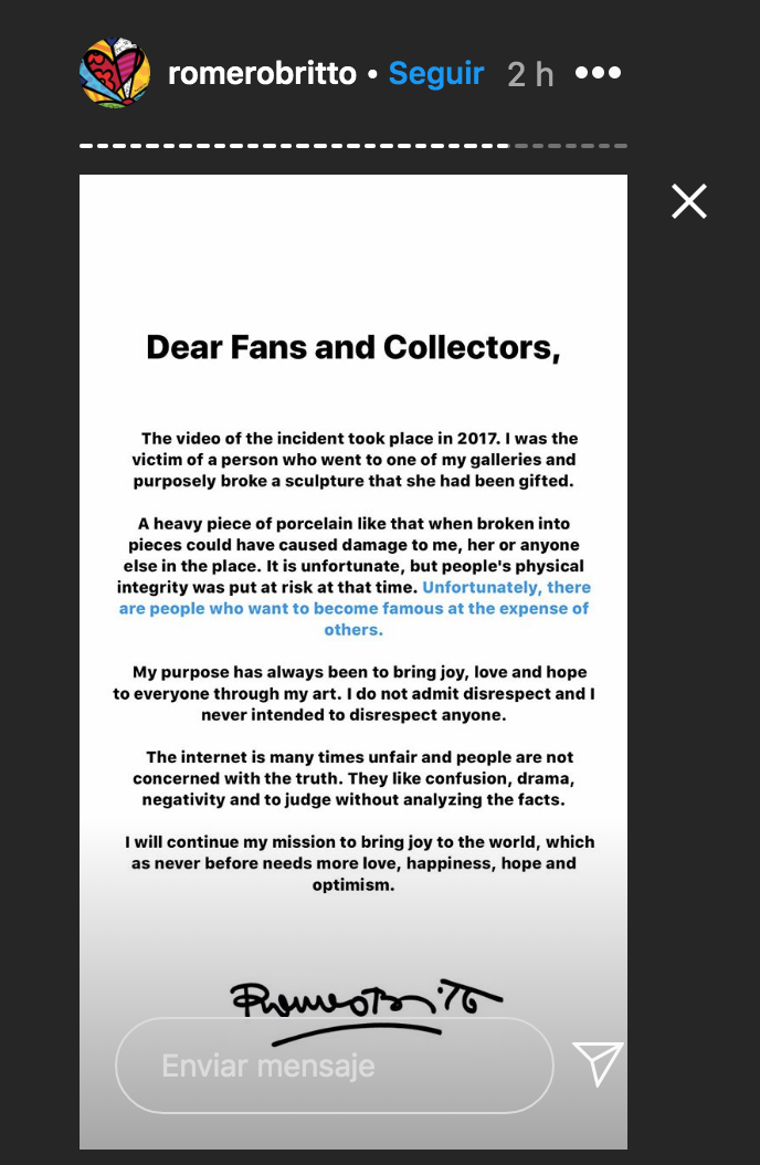 La supuesta verdad detrás del video donde una mujer destruye una pieza de Romero Britto