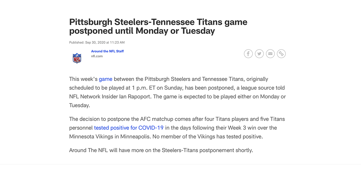 Oficial: Titans vs Steelers fue pospuesto tras brote de coronavirus