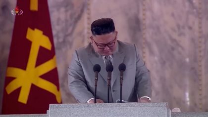 North Korean Leader Kim Jong Un reacts during a speech at a military parade marking 75th founding anniversary of Workers' Party of Korea (Wpk)