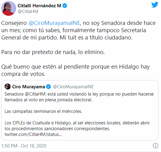 Consejero del INE "regaña" a Citlalli Hernández por pedir votos para Morena en día de elecciones