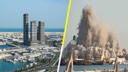 ¡Kaput! Demolición controlada en Abu Dabi, termina con rascacielos en 10 segundos