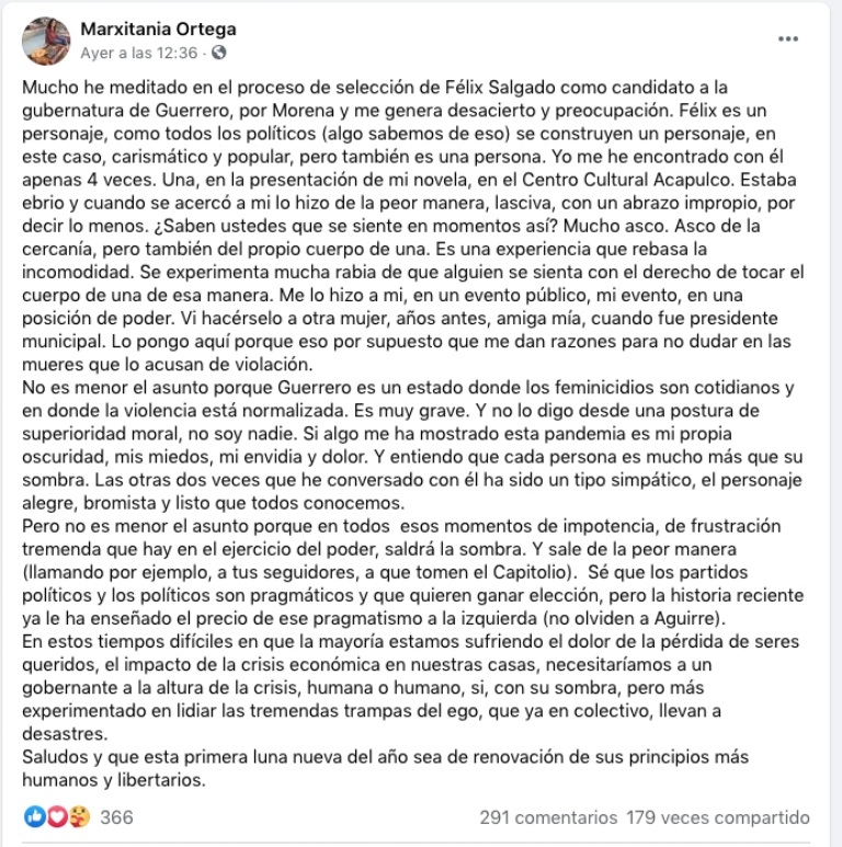 Mujer que acusó a Salgado Macedonio de acoso denuncia amenazas contra ella y su familia