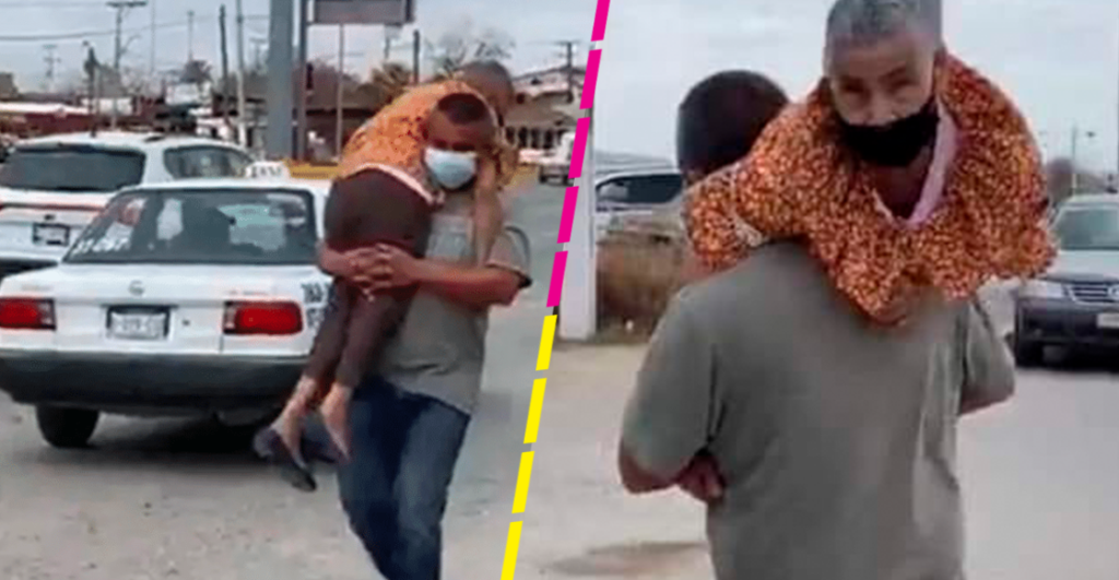 Hombre carga a su mamá para llevarla a vacunar y conmueve al internet