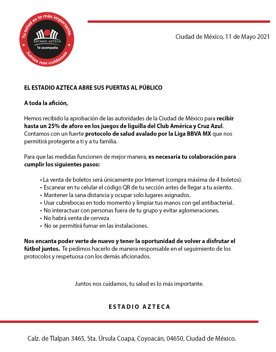 Boletos, abonados, horarios y reglas: Así será el regreso de aficionados de América y Cruz Azul al Estadio Azteca