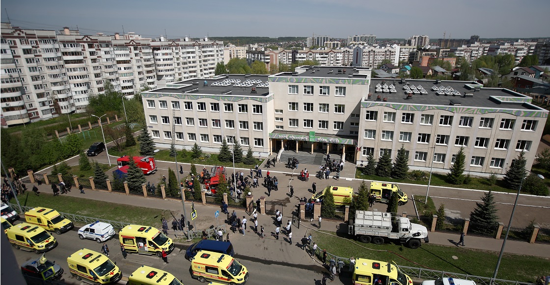 KAZAN, RUSSIA  MAY 11, 2021: Ambulances and police cars at school No 175 where two attackers opened fire; at least one teacher and eight students are reported dead. 