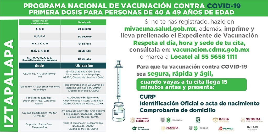 ¿Vives en Iztapalapa? Checa cuándo y dónde aplicarán la vacuna contra COVID a personas de 40 a 49 años