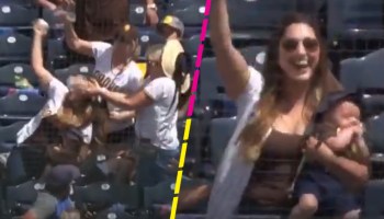 ¡Súper Mamá! Mujer atrapa una pelota a una mano con todo y su hijo en brazos en la MLB