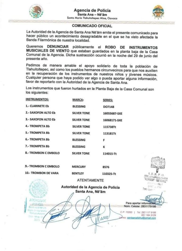 Chale: Denuncian robo de instrumentos a Banda Filarmónica de Santa Ana-Ne'äm