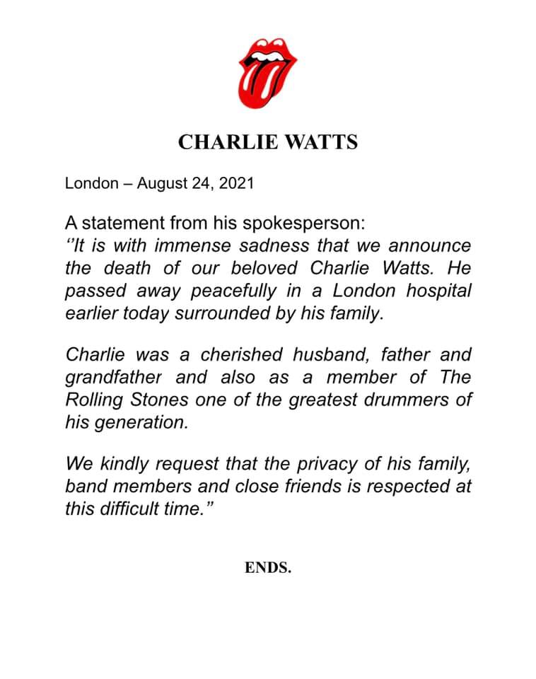 Murió a los 80 años Charlie Watts, baterista de The Rolling Stones
