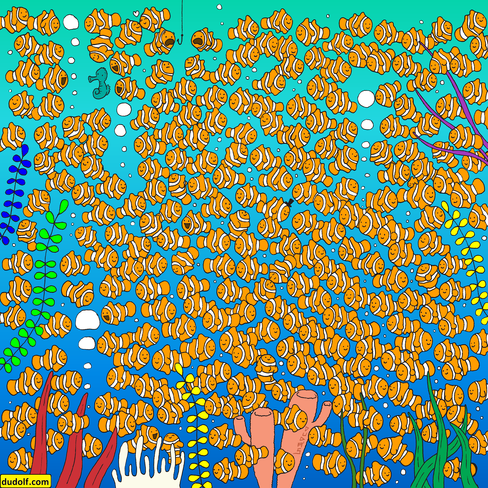  RETO VISUAL: ¿Puedes encontrar al pequeño pez dorado entre los peces payaso?