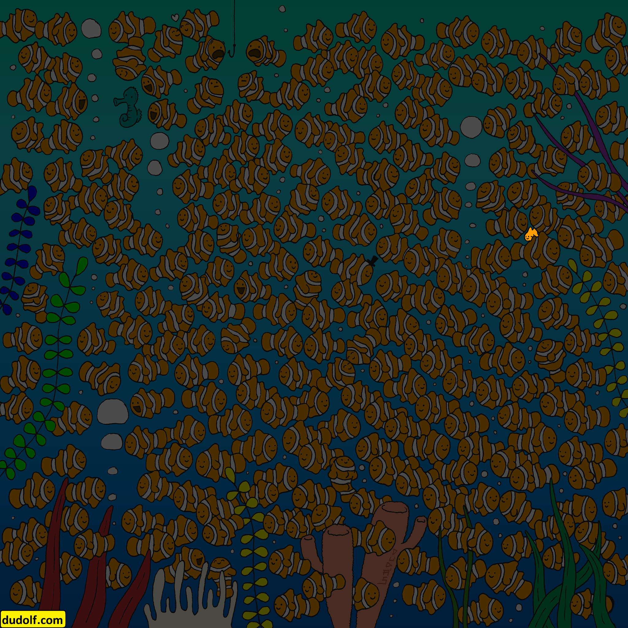 RETO VISUAL: ¿Puedes encontrar al pequeño pez dorado entre los peces payaso?