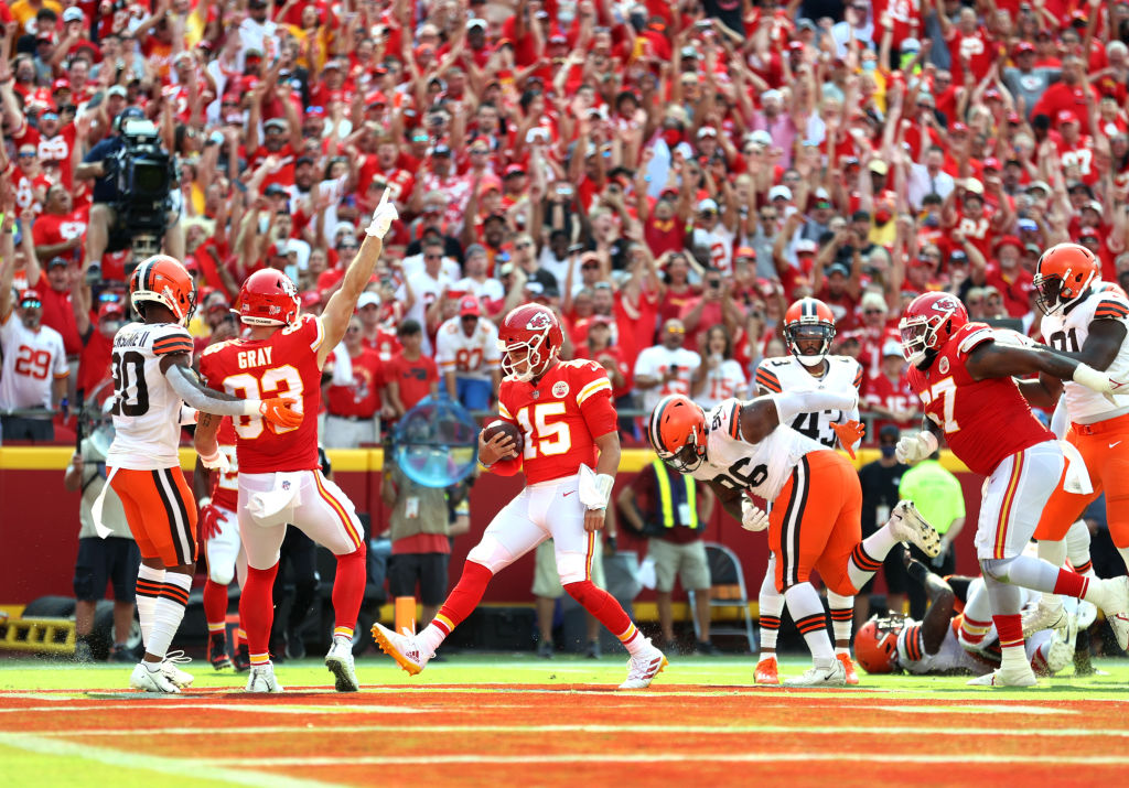 Patrick Mahomes celebra un TD de los Chiefs