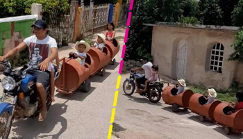 ¡Rifado! Papá construye un tren con barriles para jugar con sus hijos y se hace viral