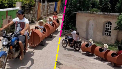 ¡Rifado! Papá construye un tren con barriles para jugar con sus hijos y se hace viral