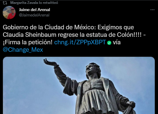 Piden en Change.org que regrese estatua de Colón a Reforma