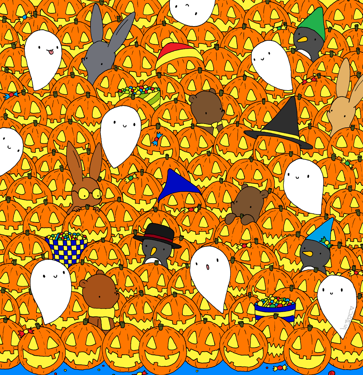¿Puedes encontrar la pequeña estrella amarilla entre las calabazas de Halloween?