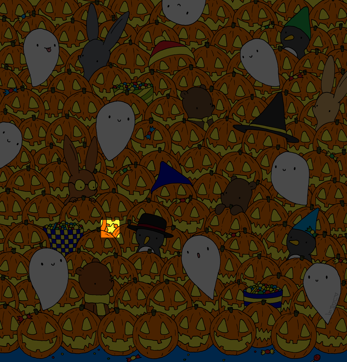 ¿Puedes encontrar la pequeña estrella amarilla entre las calabazas de Halloween?